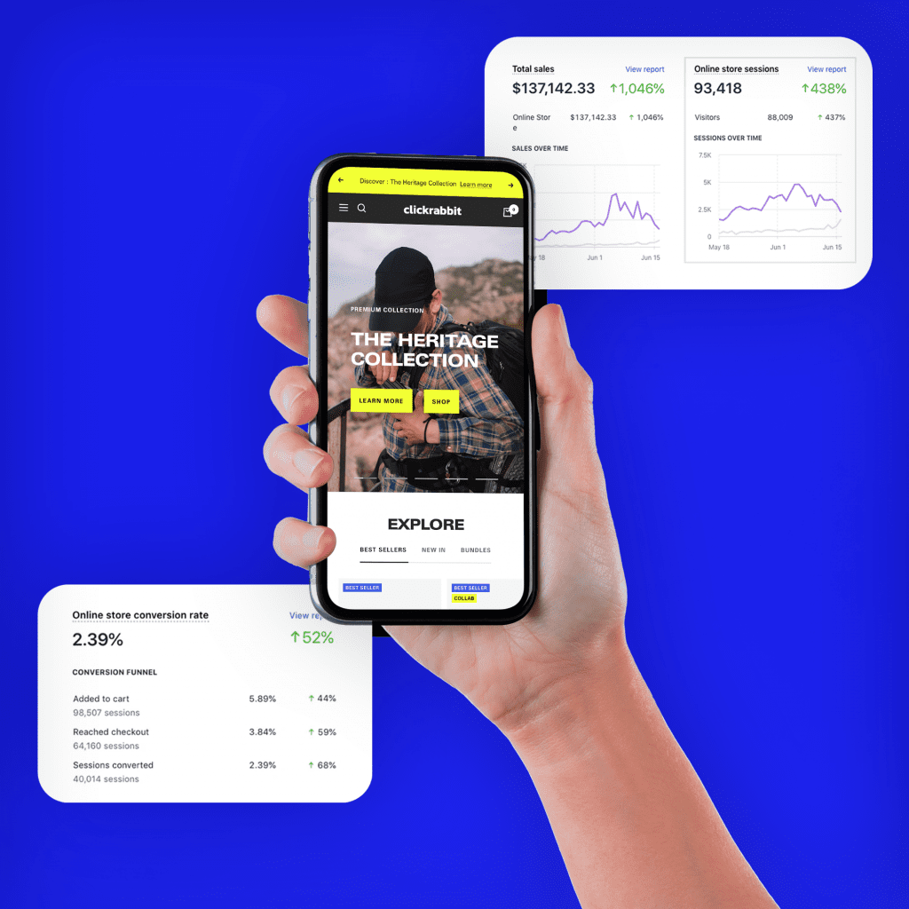 An arm holding a phone displaying a website with statistics on the screen, showcasing our agency's expertise in website optimization and analytics.